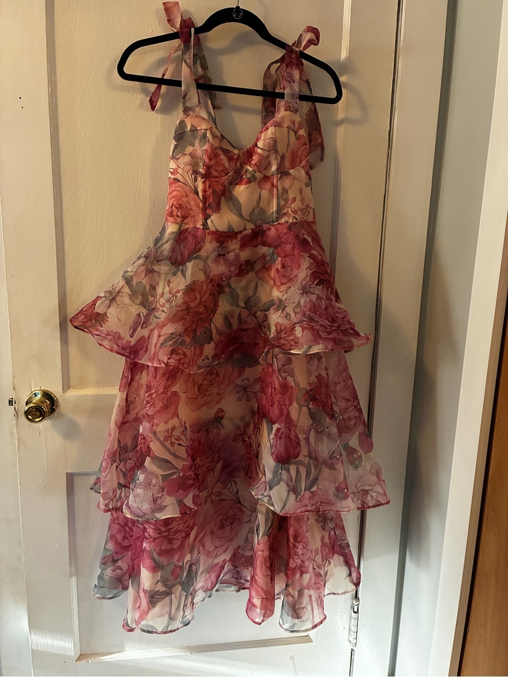 Lulu's Pink Floral Tiered Chiffon Dress with Tie Straps
